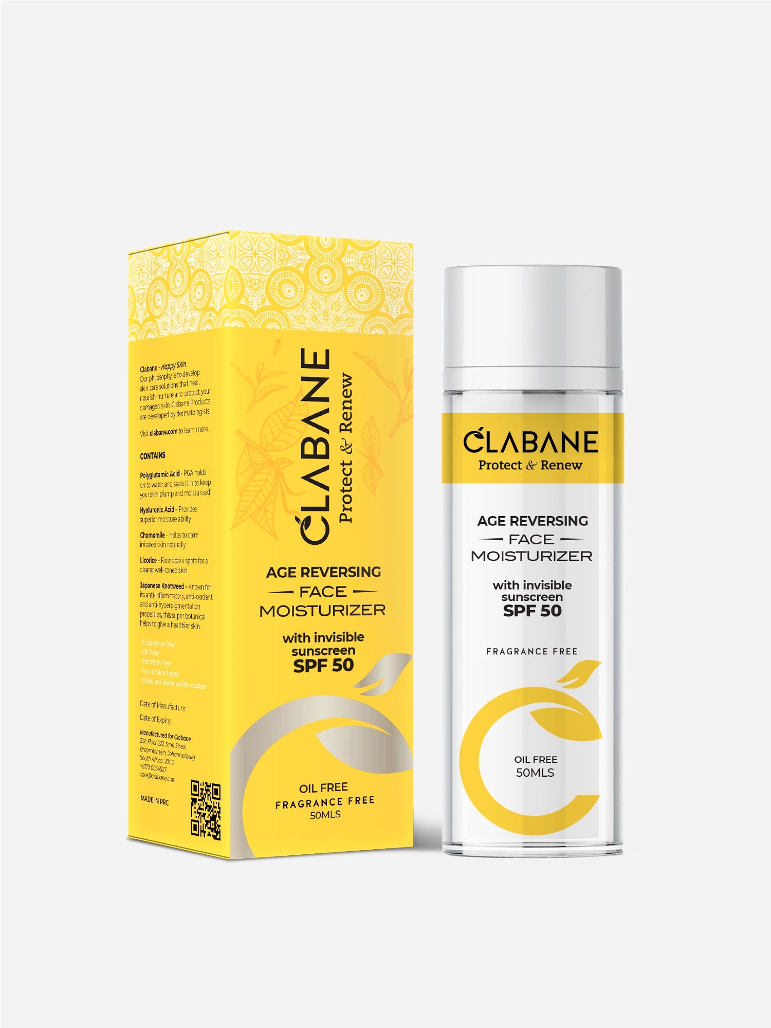 Clabane Protect and Renew Age Reversing Face Moisturiser with Invisible Sunscreen SPF 50