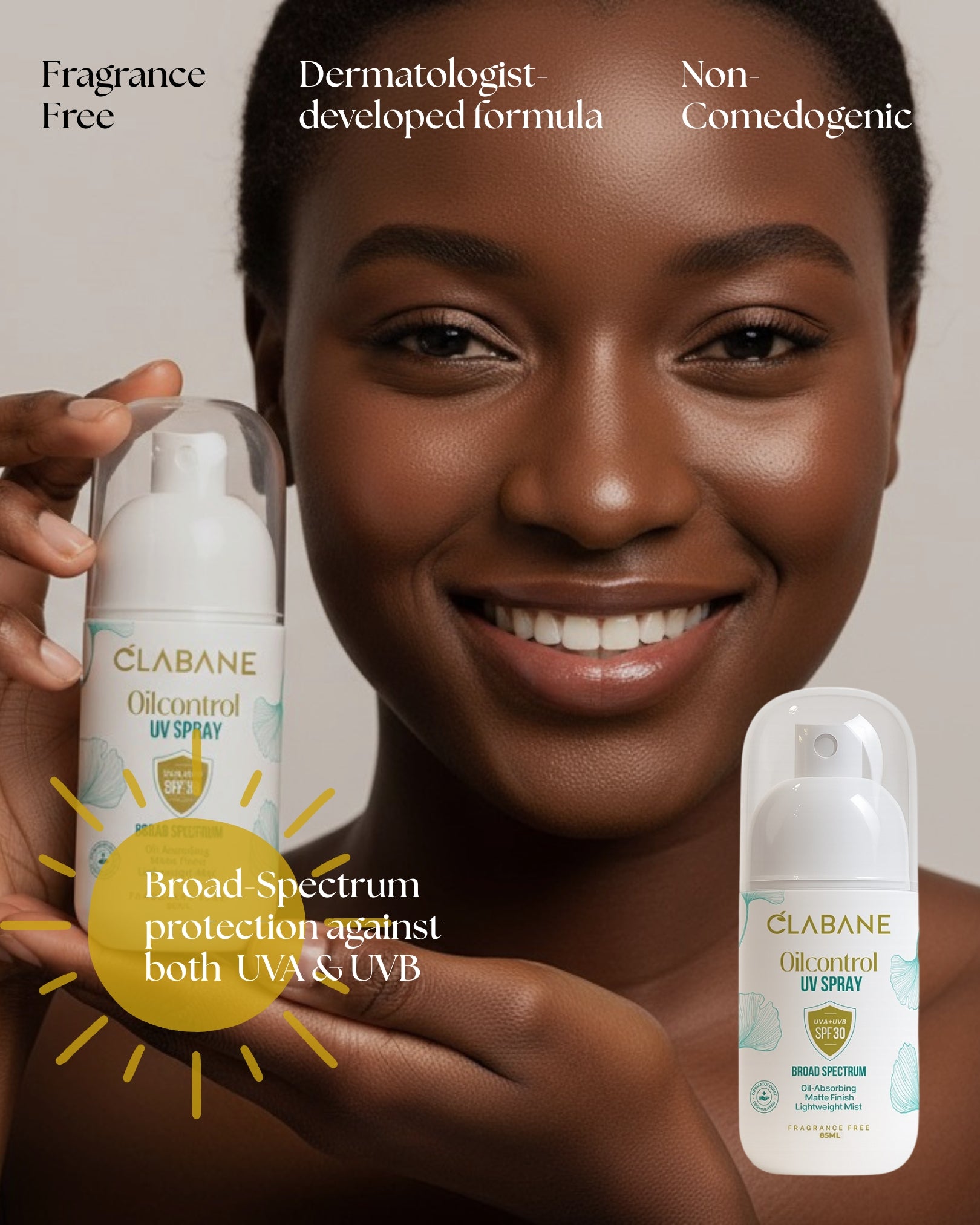 Woman holding Clabane Oilcontrol UV spray with product displayed on a plain background