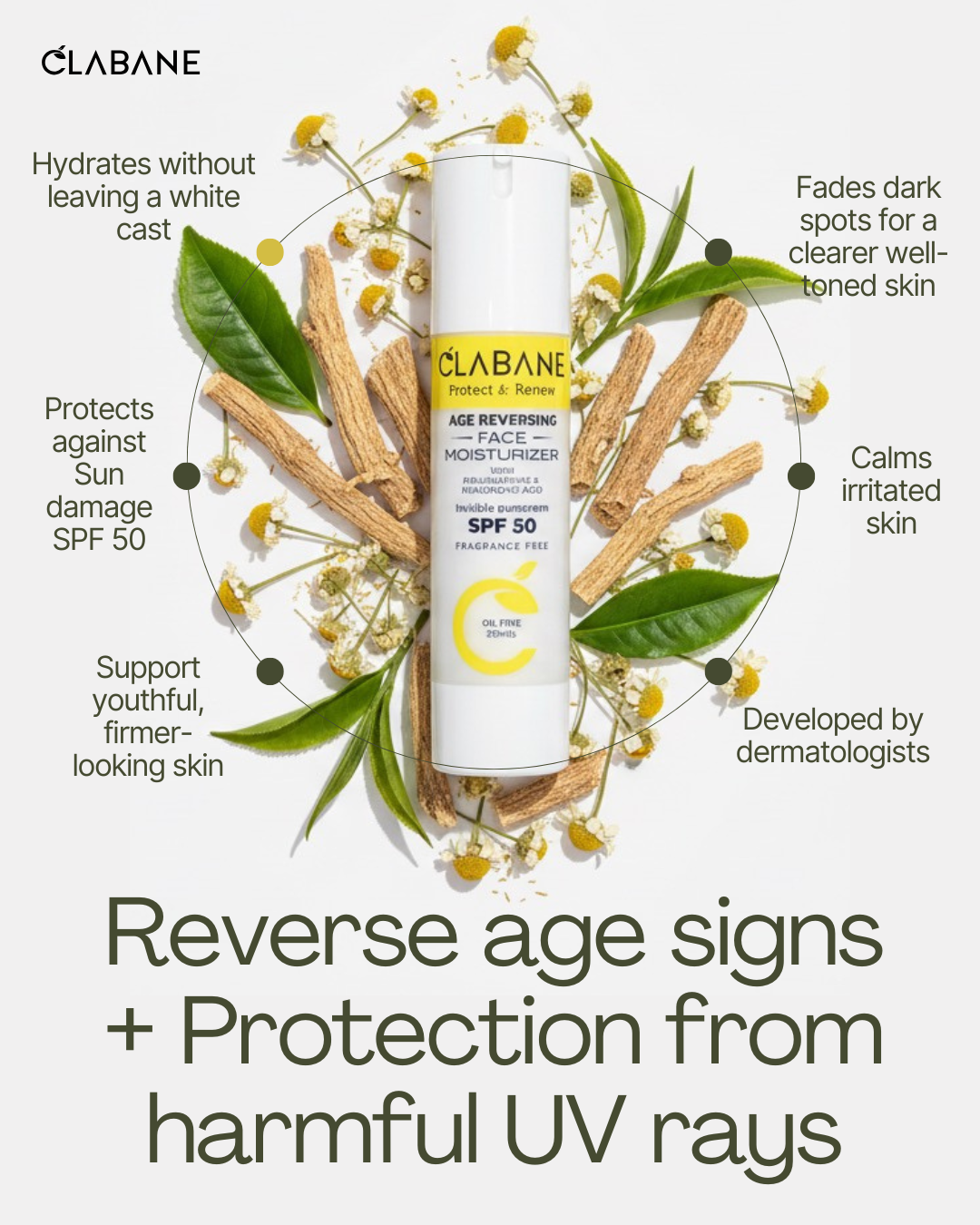Clabane Protect and Renew Age Reversing Face Moisturiser with Invisible Sunscreen SPF 50