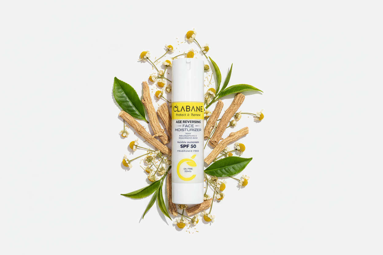 Clabana skincare product with natural elements on a white background
