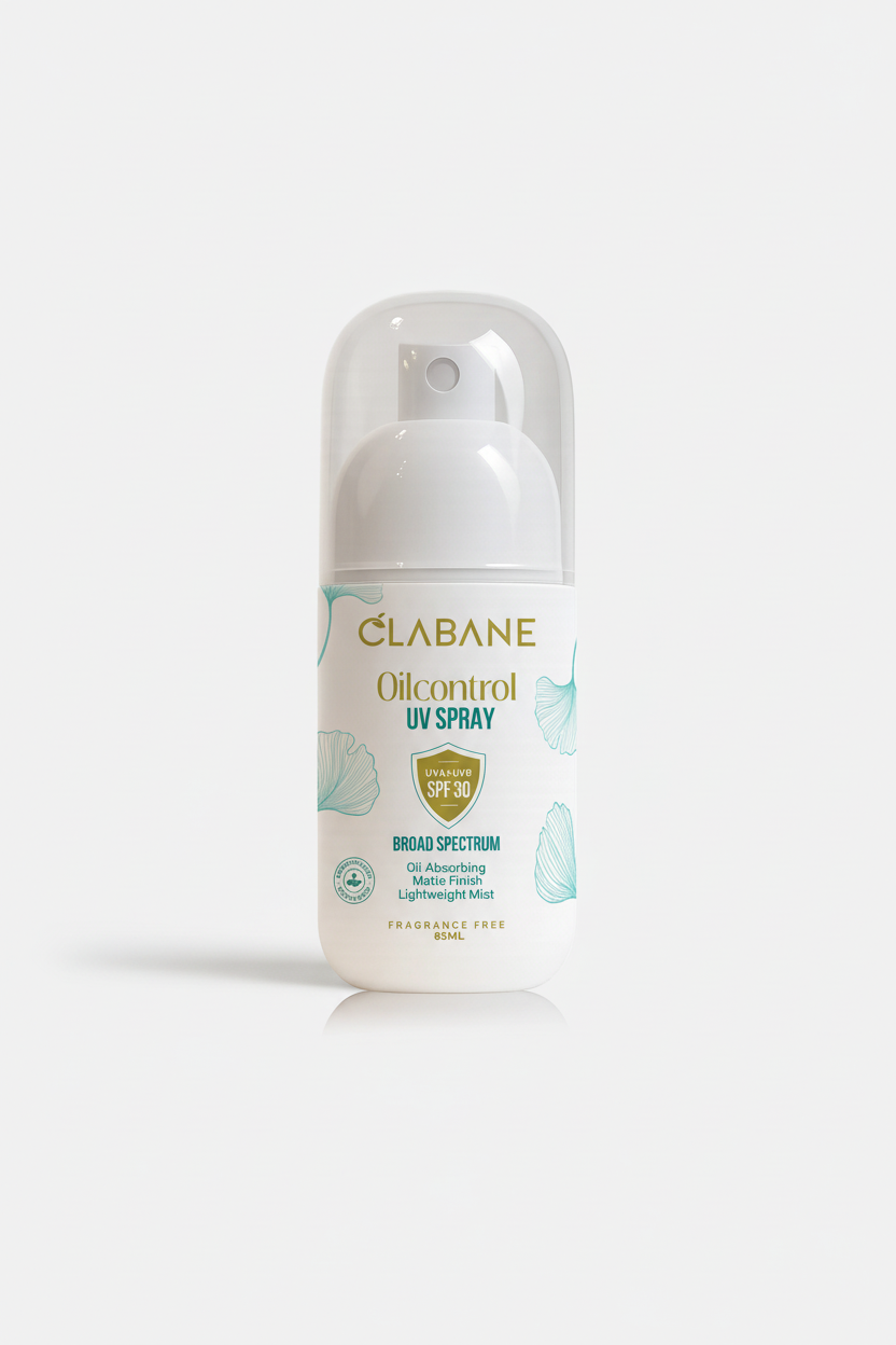 Clabane Oil Control UV Spray bottle with a transparent bottle cover/cap on a white background