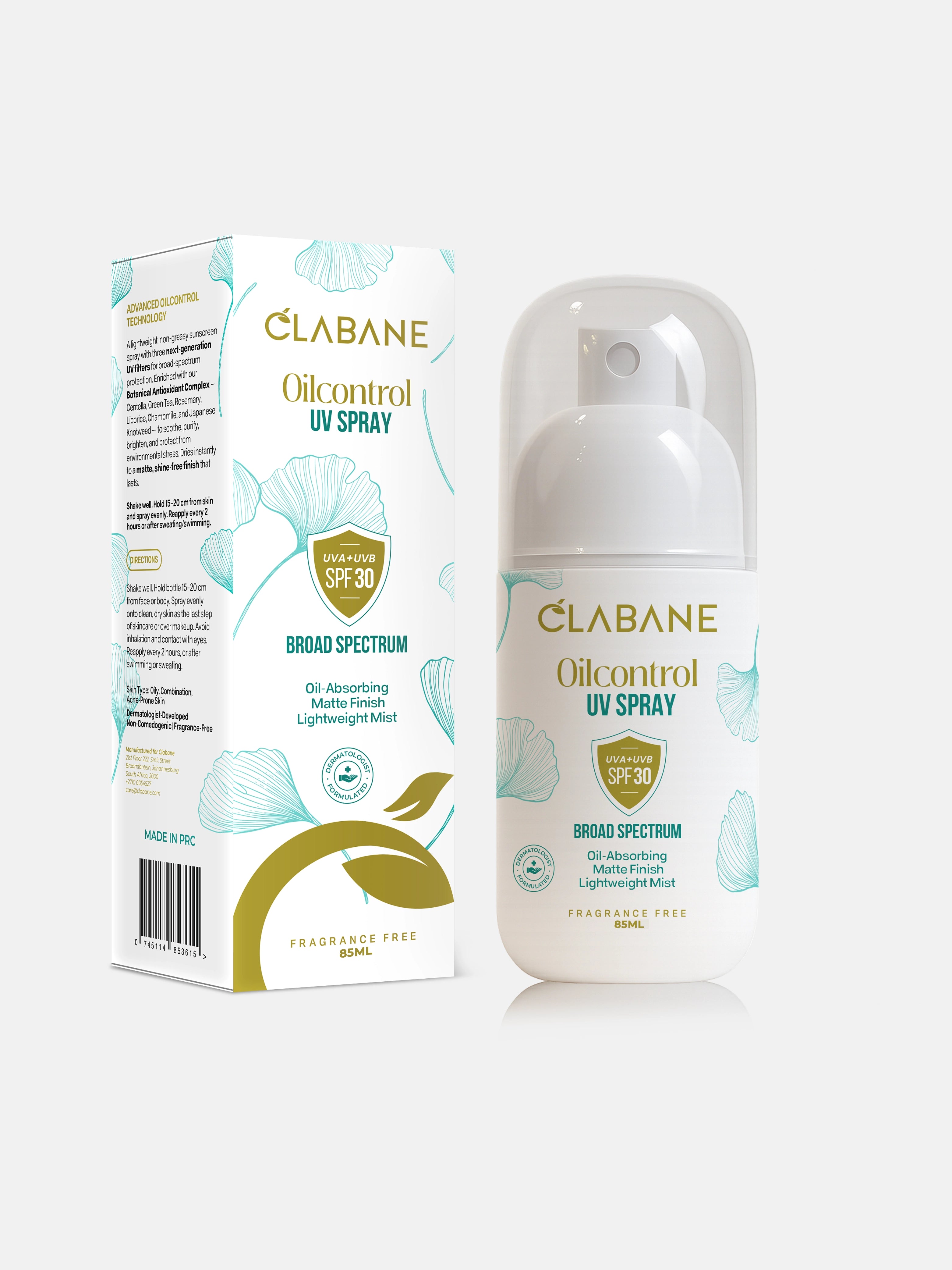 Clabane Oil Control UV Spray packaging and bottle on a white background