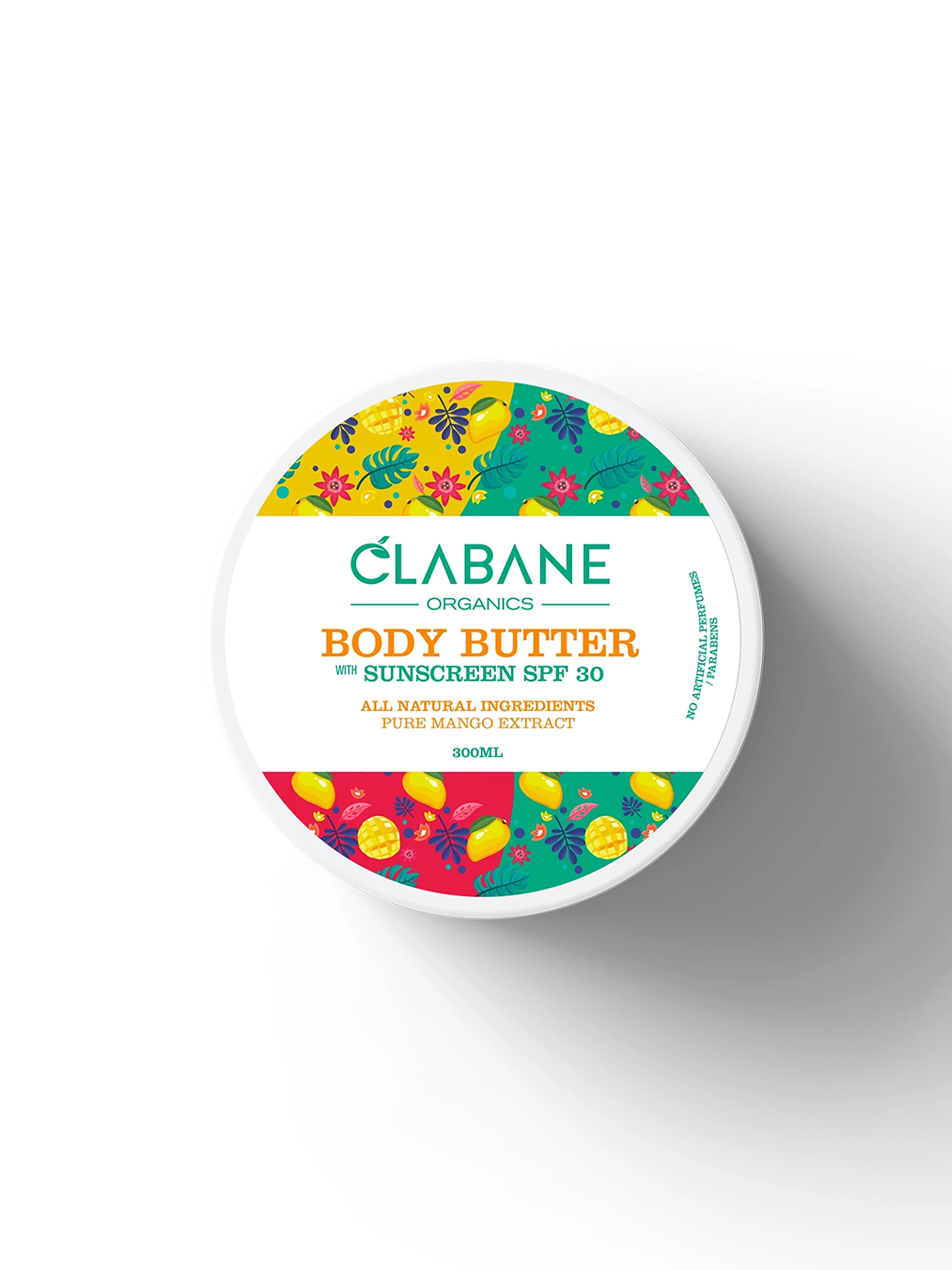 Top view of the Clabane body butter container with colorful label on a white background