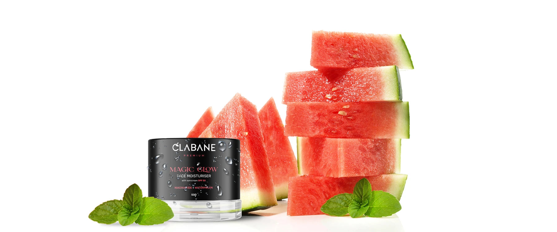 Stack of watermelon slices with Clabane skincare product on a white background