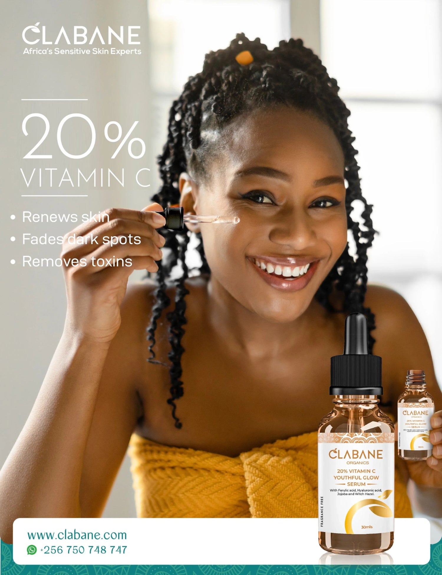 Clabane Organics Vitamin C Youthful Glow Serum with Ferulic acid, Hyaluronic acid, Jojoba and Witch Hazel