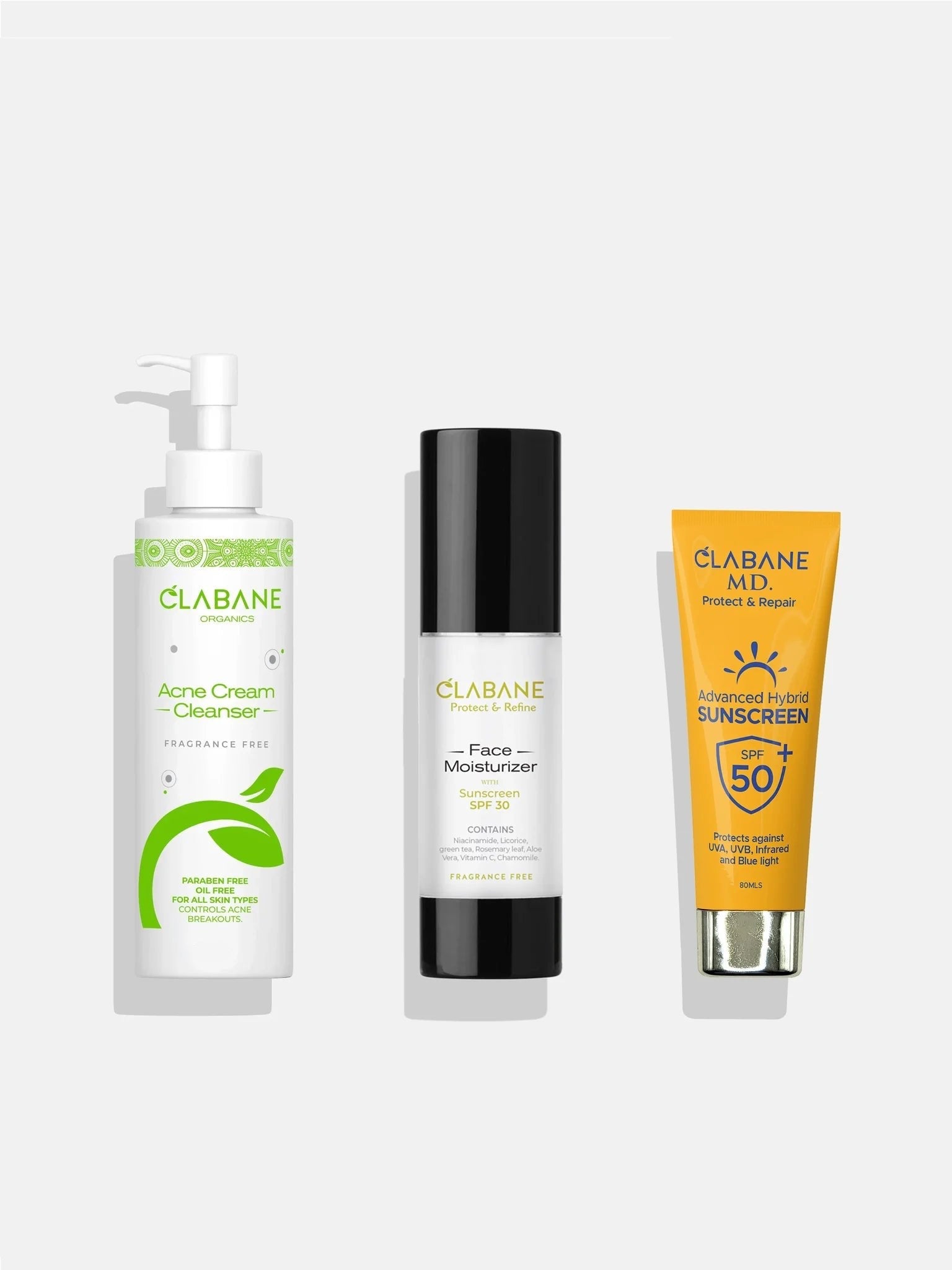 Clabane Advanced Acne & Sun Defense Trio with Acne Cream Cleanser, Face moisturizer with SPF 30, Advanced hybrid sunscreen with SPF 50