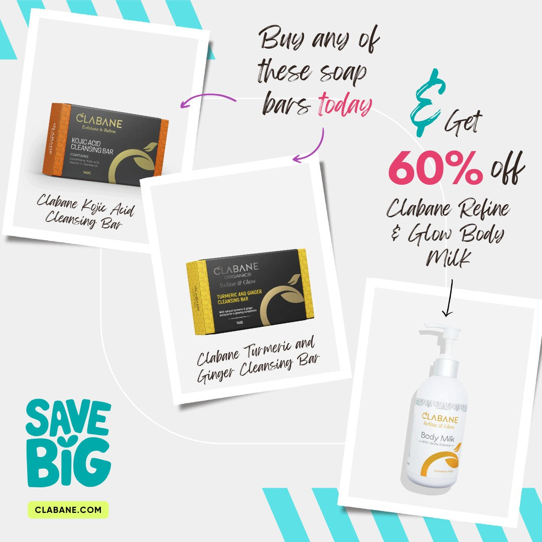 Buy Kojic Acid bar or Turmeric and Ginger Bar, and get 60% off Clabane Body Milk