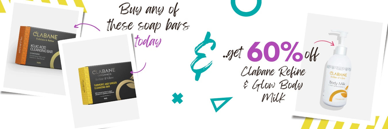 Buy Kojic Acid bar or Turmeric and Ginger Bar, and get 60% off Clabane Body Milk
