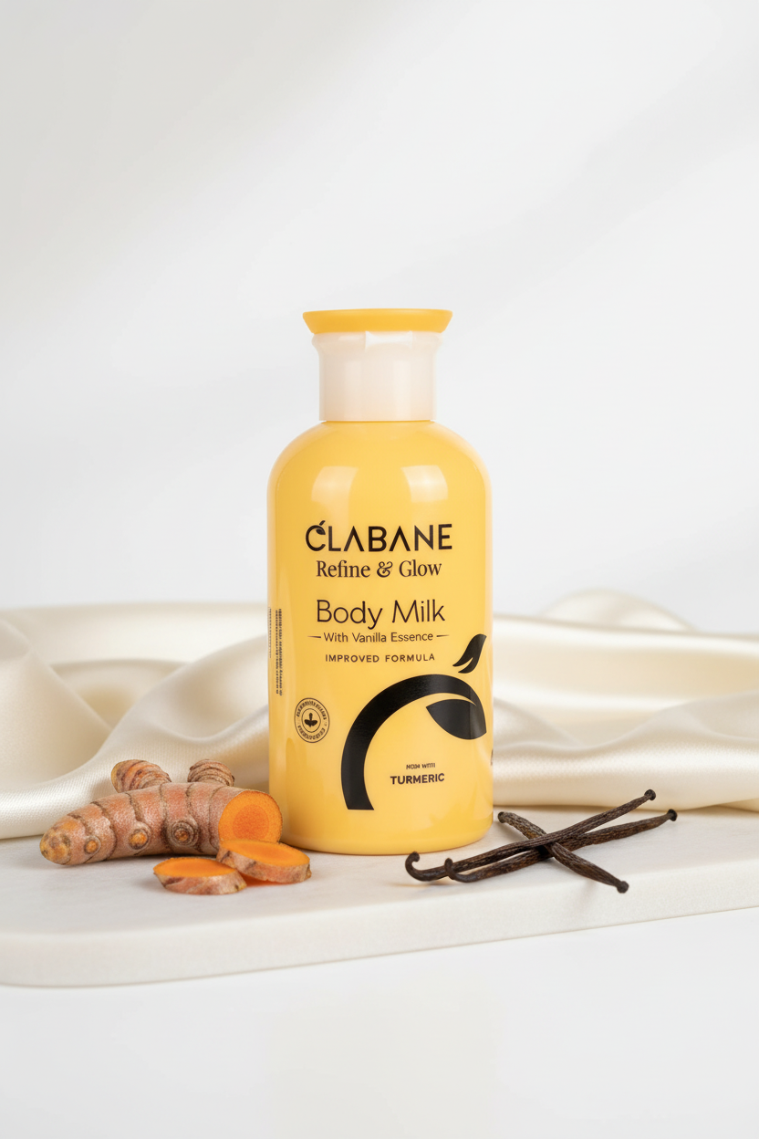 Clabane body milk bottle with turmeric and vanilla on a white background