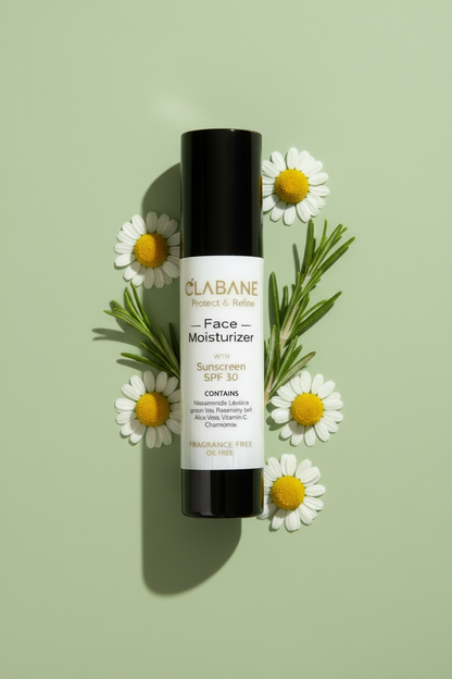 Clabane Face Moisturizer bottle with daisies on a light green background