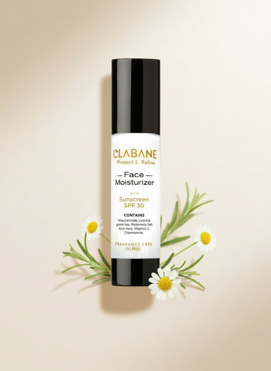 Clabane face moisturizer bottle with floral elements on a beige background