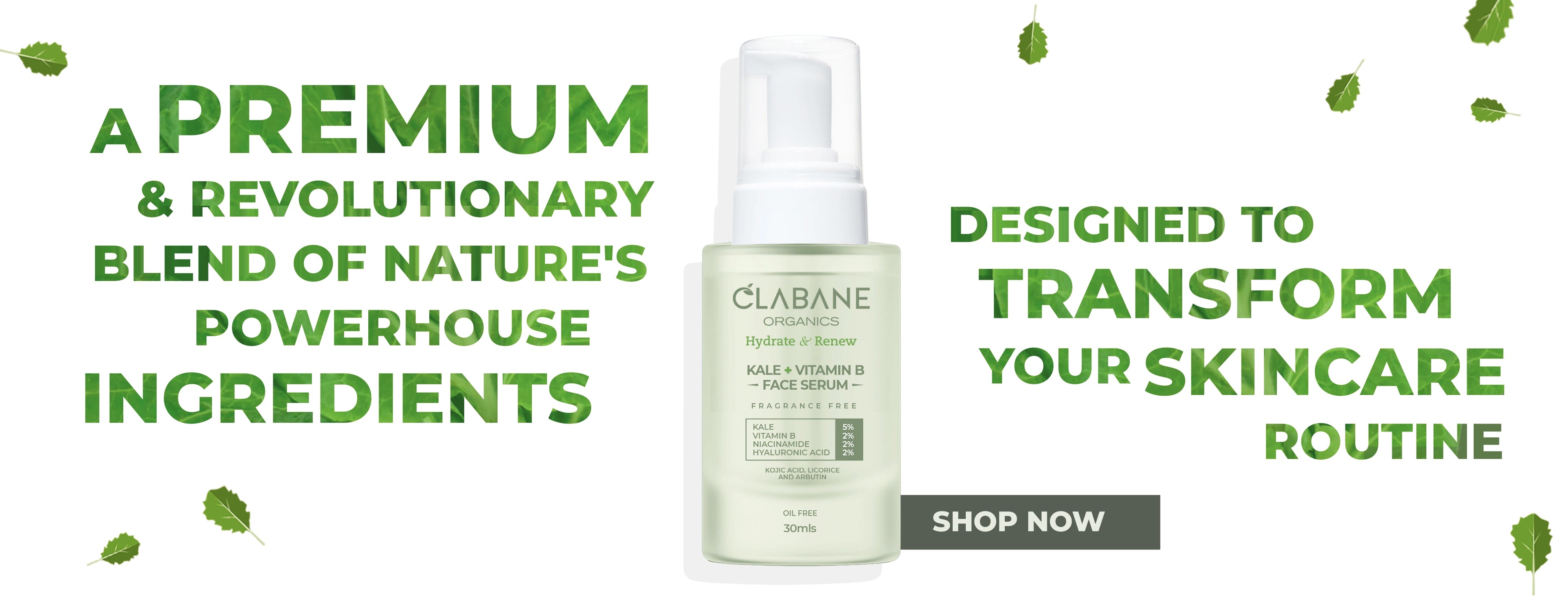 Elevate your skincare routine with the Clabane Hydrated and Renew Organics Kale + Vitamin B Face Serum