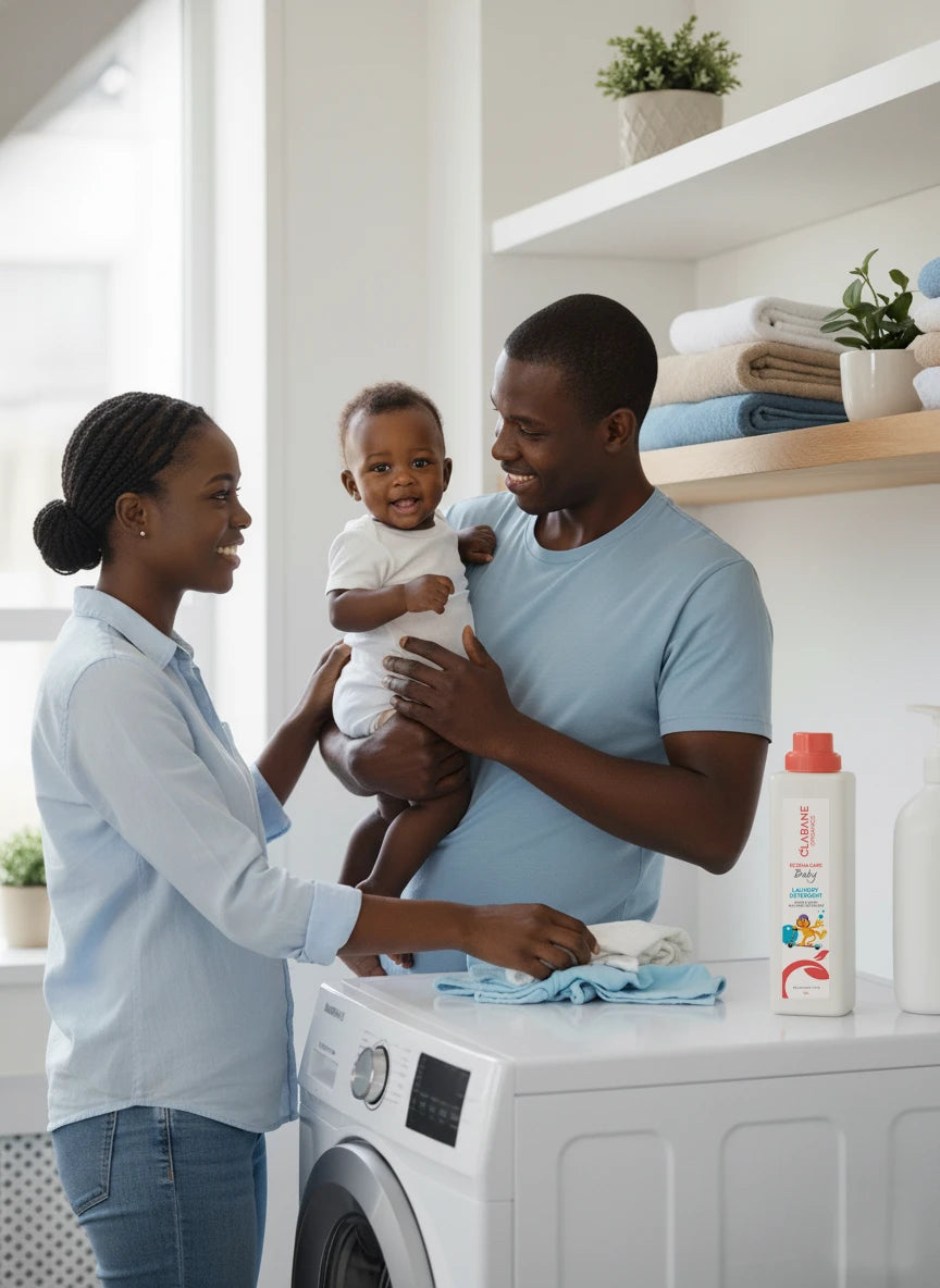 A happy family uses Clabane Organics Eczema Care Baby Laundry Detergent