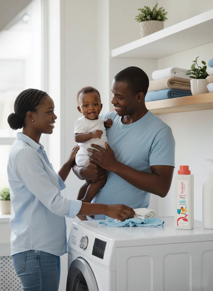A happy family uses Clabane Organics Eczema Care Baby Laundry Detergent