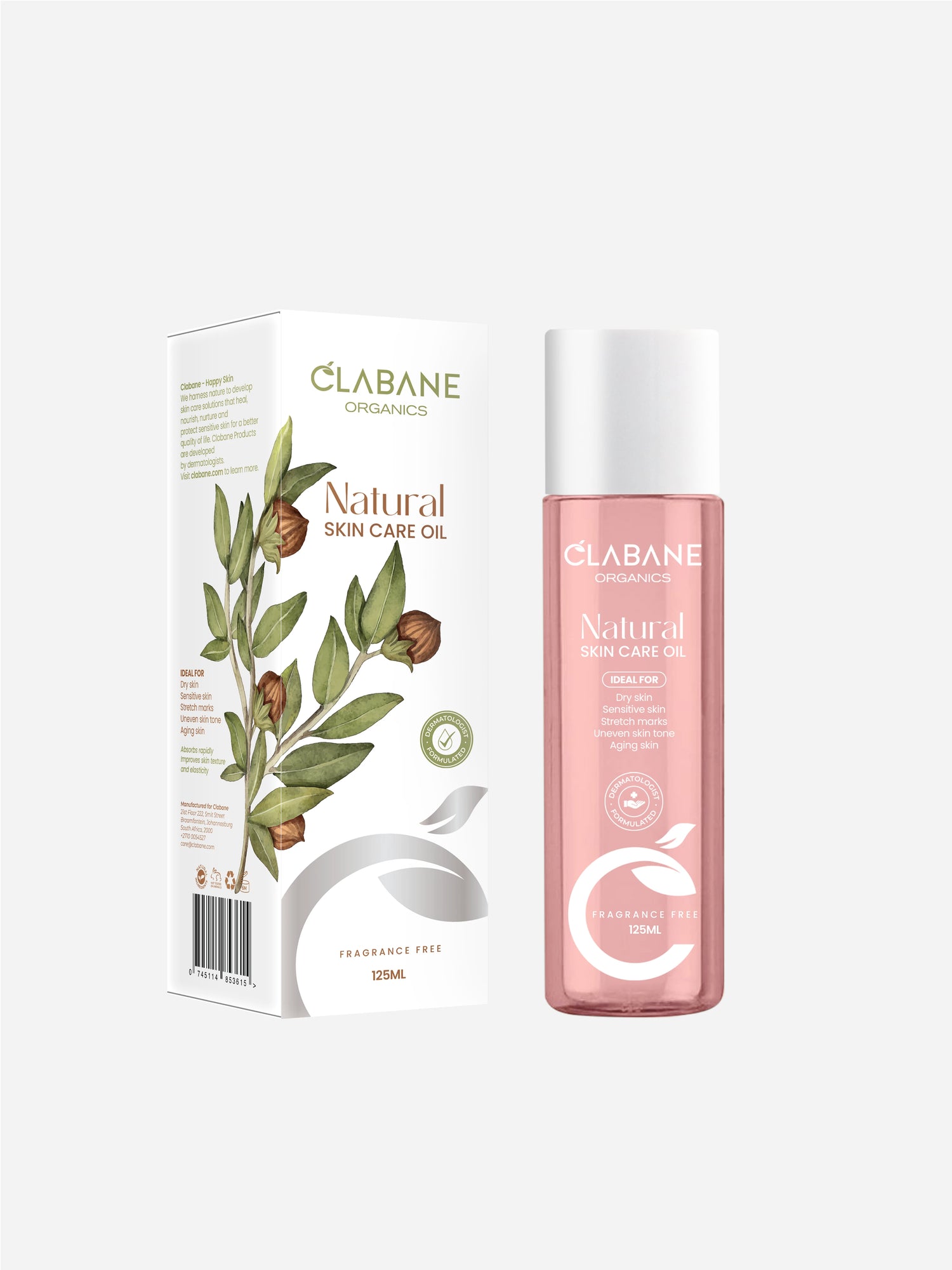 Clabane natural skin care oil packaging on a plain background
