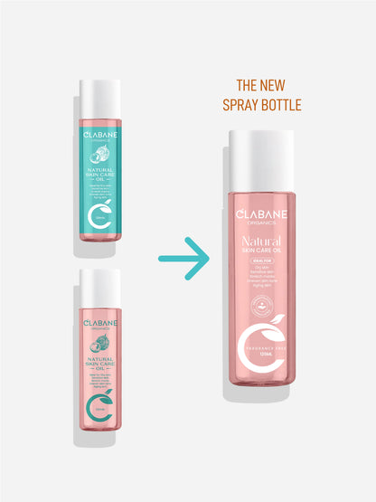 Clabane natural skincare spray bottles on a plain background with an arrow pointing to the new spray bottle.