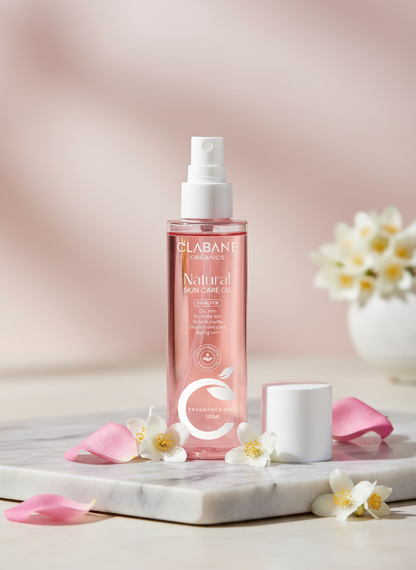 Clabans Natural Body Care Oil bottle on a marble surface with flowers and a pink background