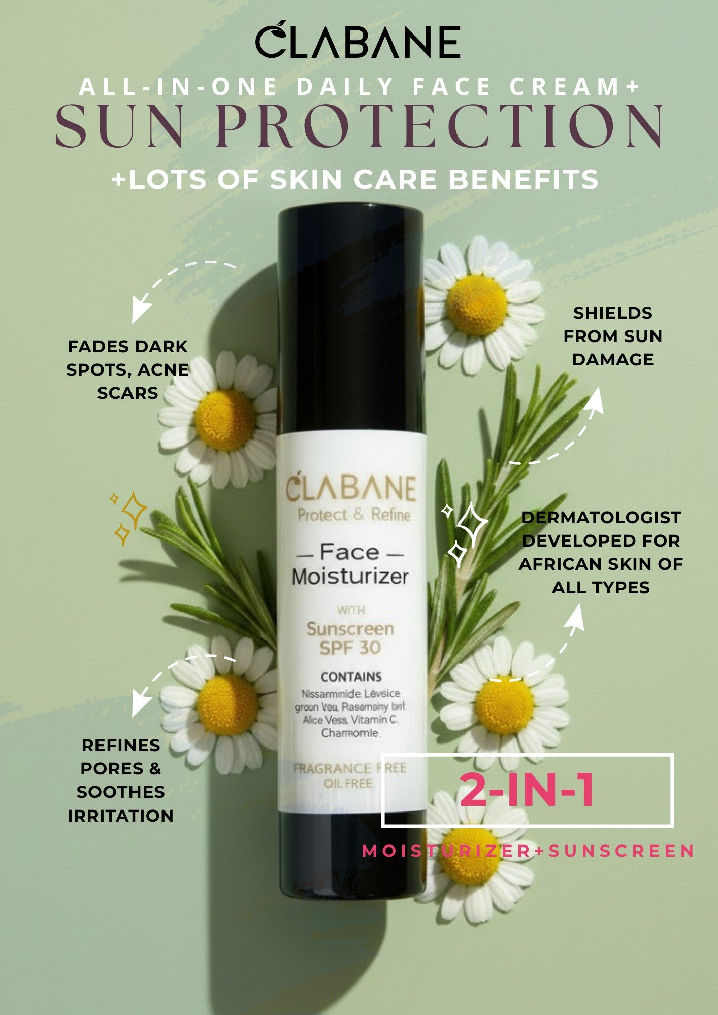 Clabane face moisturizer with sun protection on a green background with chamomile.