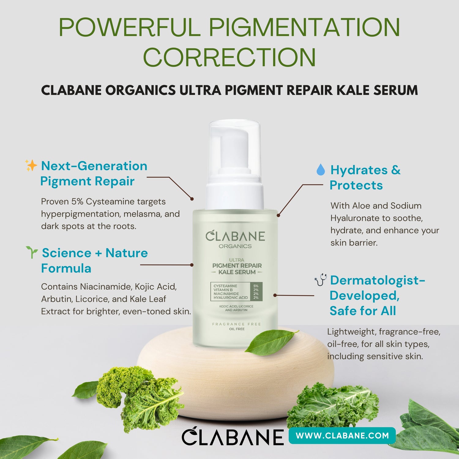 Clabane Organics Ultra Pigment Repair Kale Serum Powerful Pigmentation Correction with 5% Cysteamine