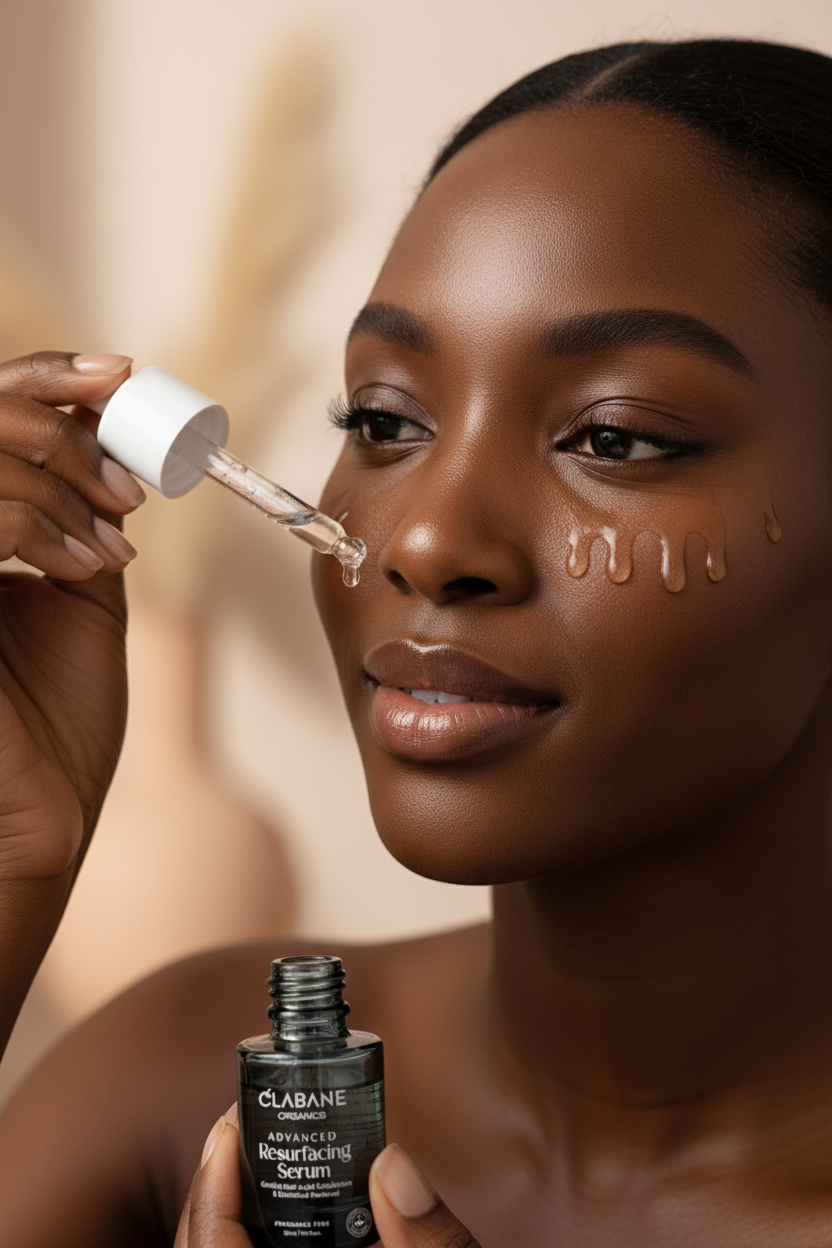 Woman applying skincare serum to her face with Clabane product visible