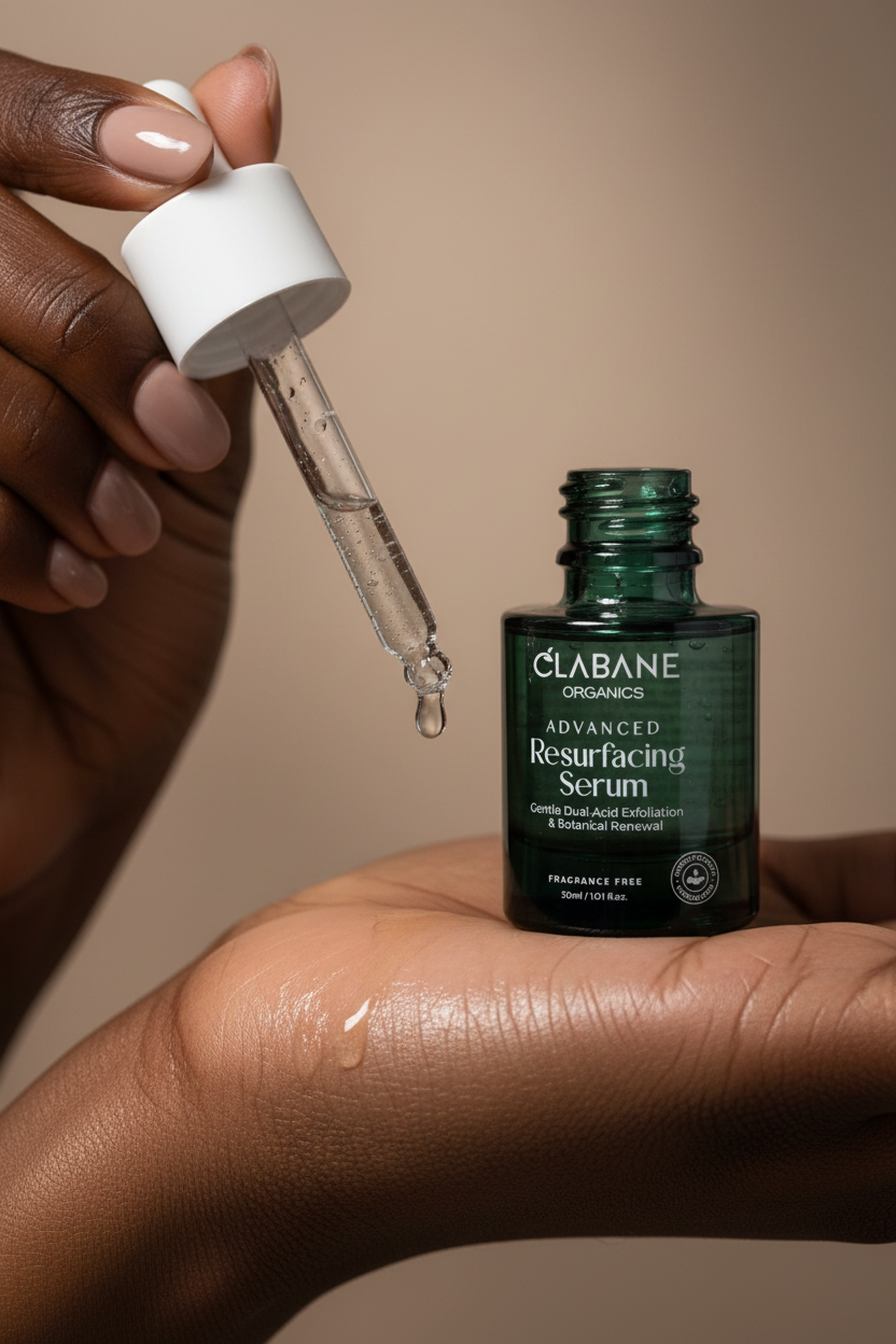 Clabane Advanced Resurfacing Serum with dropper held by a hand