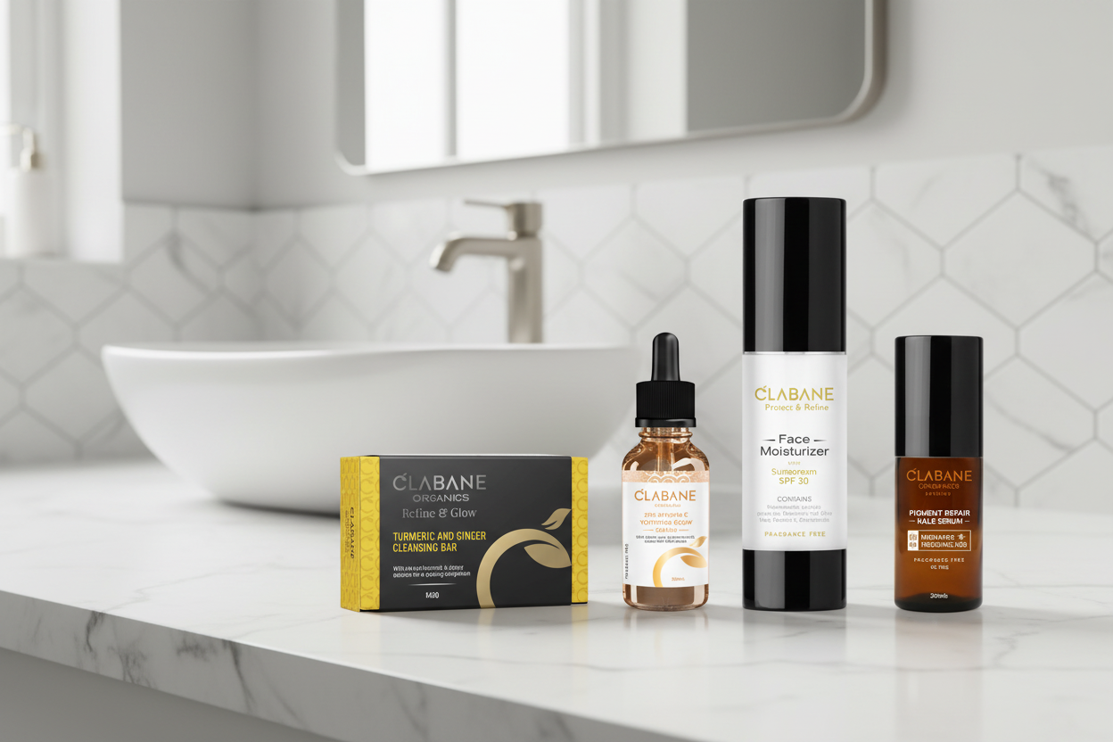 Clabane skincare products on a bathroom counter with a mirror in the background