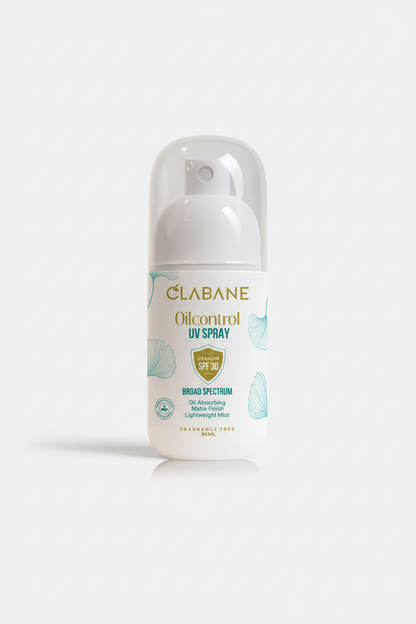 Clabane Oil Control UV Spray bottle with a transparent bottle cover/cap on a white background