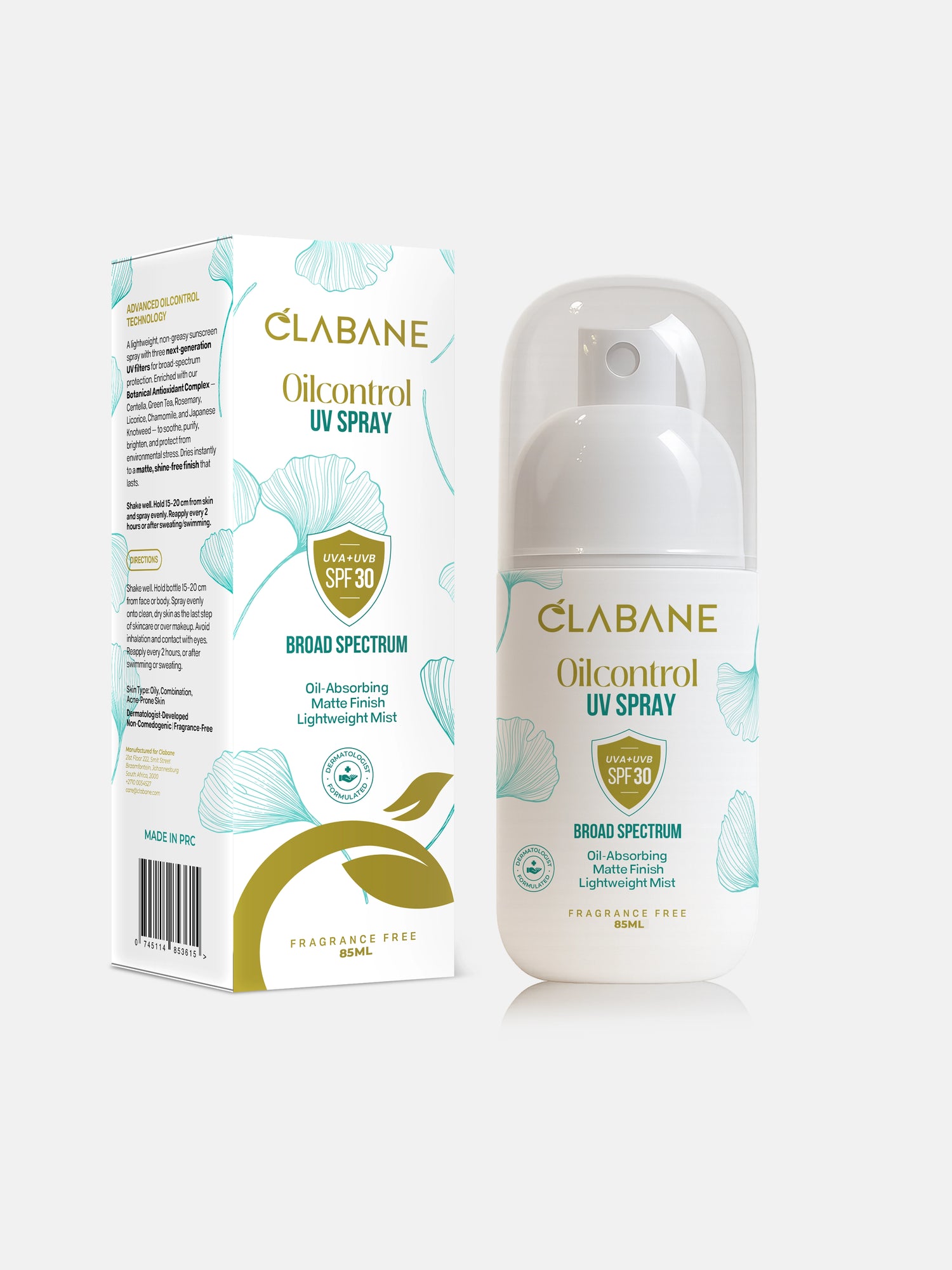 Clabane Oil Control UV Spray packaging and bottle on a white background