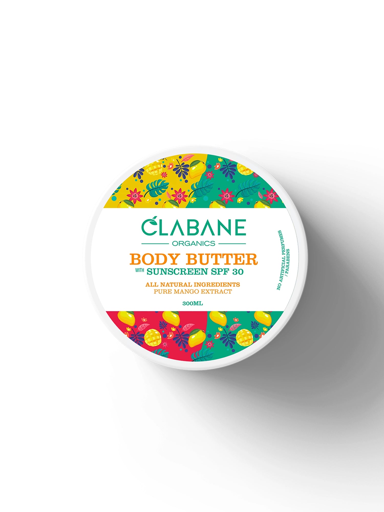 Top view of the Clabane body butter container with colorful label on a white background