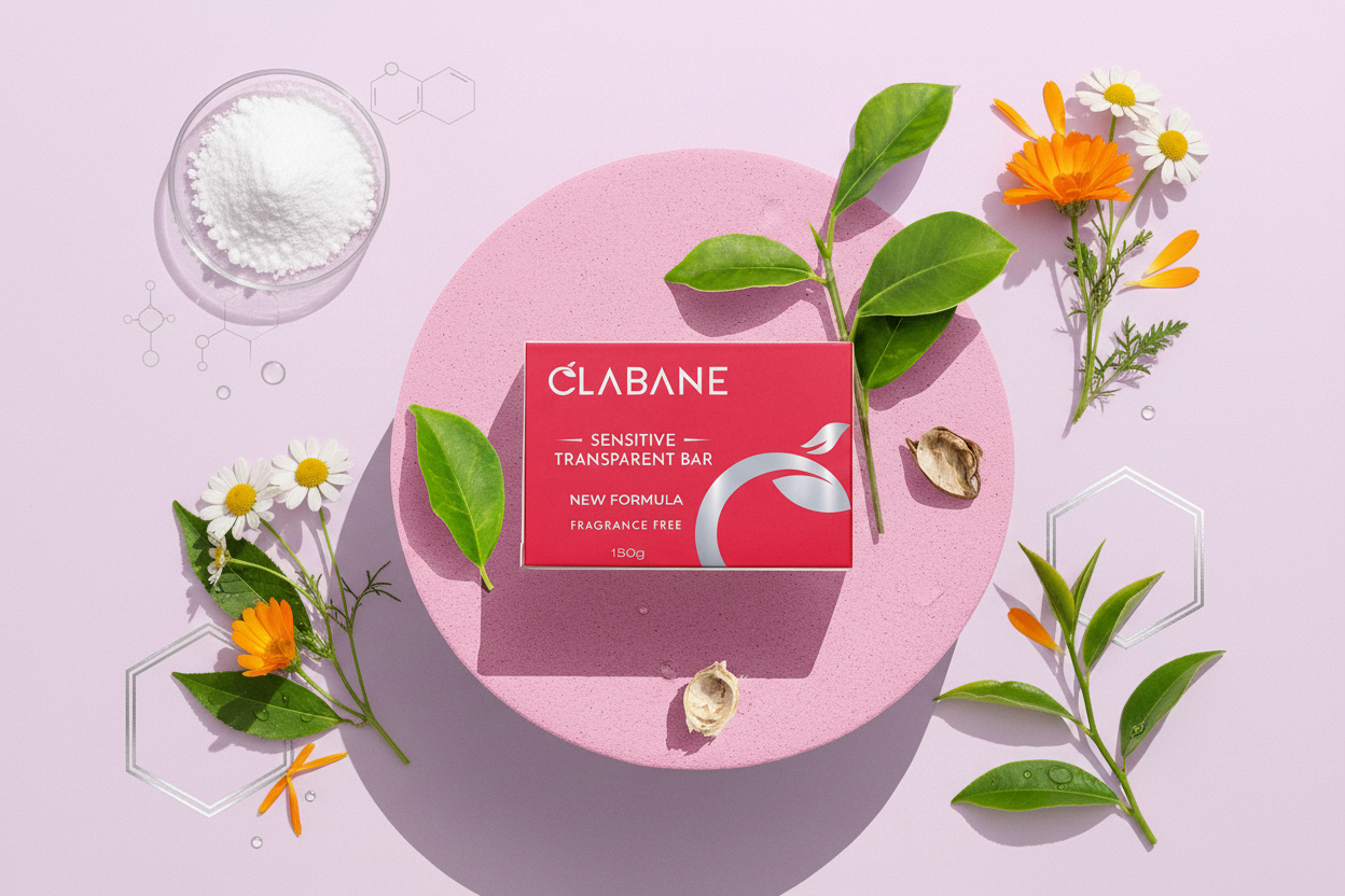 Clabane soap bar packaging on a pink background with flowers and leaves