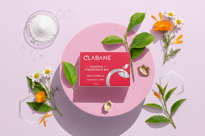 Clabane soap bar packaging on a pink background with flowers and leaves