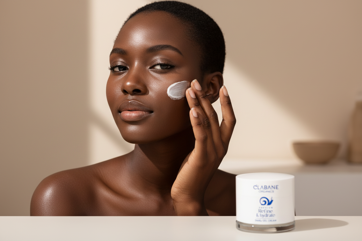 Woman applying cream to her face with a Clabane skincare product in the foreground.